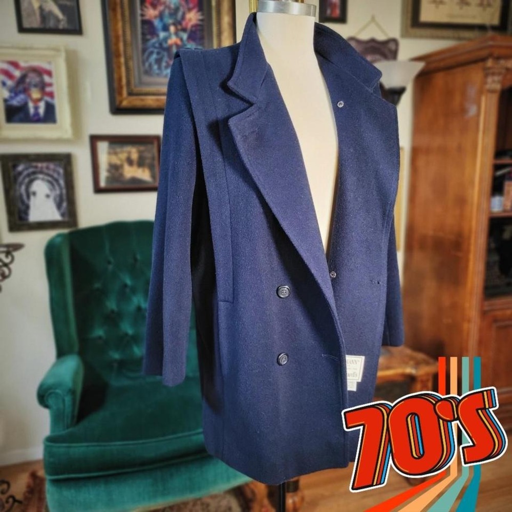 Vintage 70s PRESTON & YORK Navy Blue Coat 100% Wool Forstman - Medium